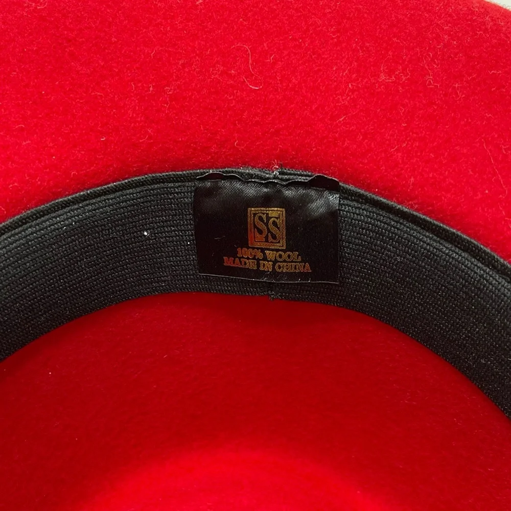 VINTAGE 100% Wool Hat Red With Purple Sequin Trim & Flower Detail - Picture 6 of 7